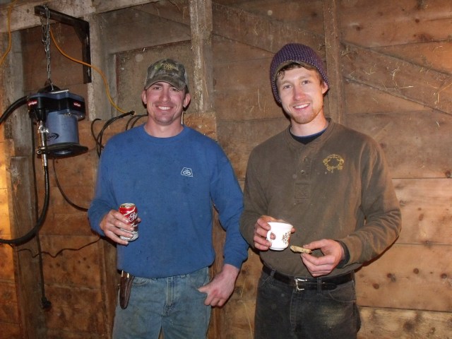 Clayton Calens and Luke Dougherty taking a break during the shearing of our sheep.