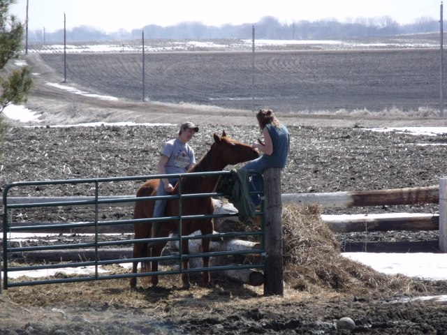 Caleb and Maggie hanging out with Apache at Clayton's place.