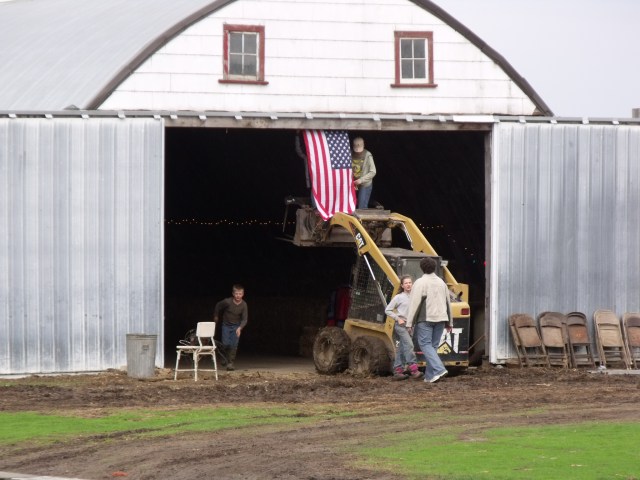 Decorating the barn for the dance.
