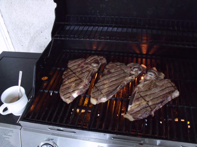 Steak for breakfast, right next to my morning coffee. This is living........
