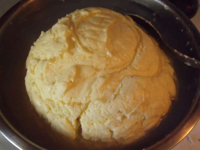 Huge ball of butter ready to be blocked. Silvana makes sure we skim that cream!