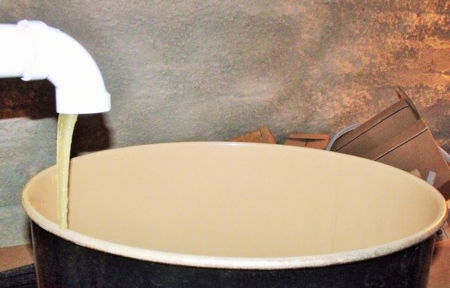 Raw, unfiltered honey enters a holding tank.