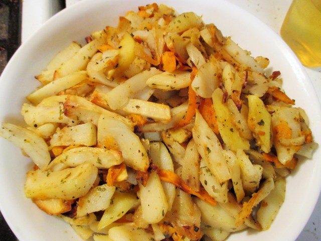 Potato, yams, olive oil, salt, pepper, garlic.....bake. This is a favorite!