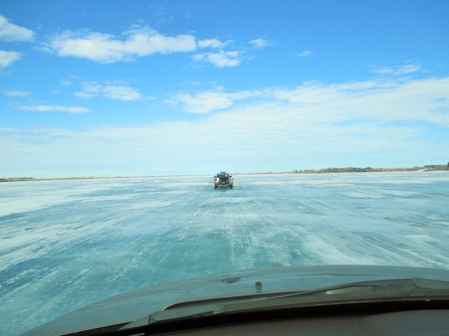 My view driving on the frozen lake.