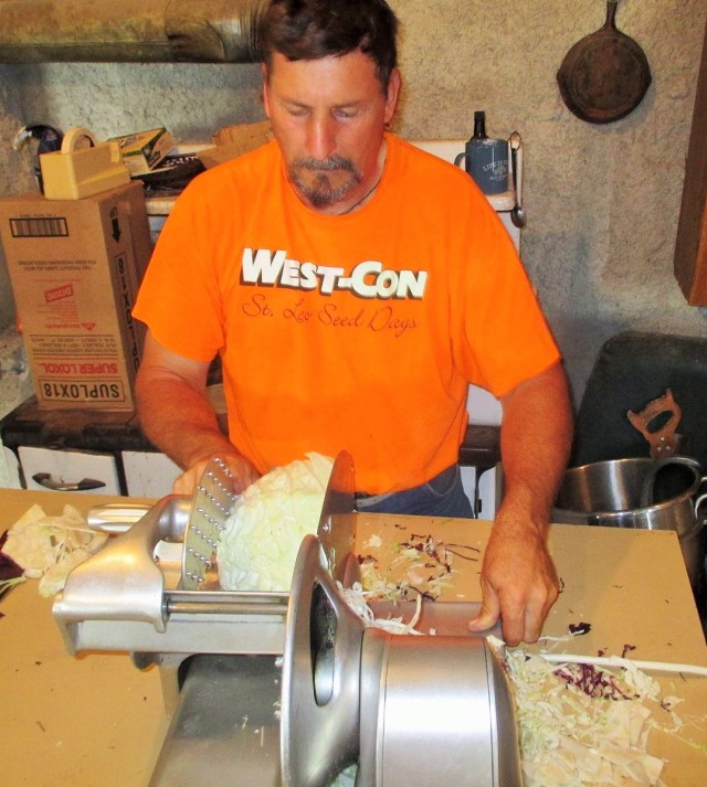 Fred chopping cabbage for 100 pounds of Kraut!