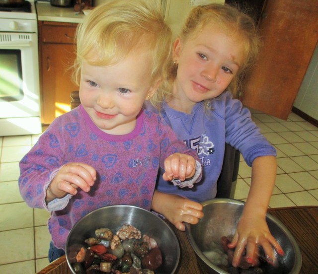 Josie June and Kallie Jo helping me shine up my rocks. 
