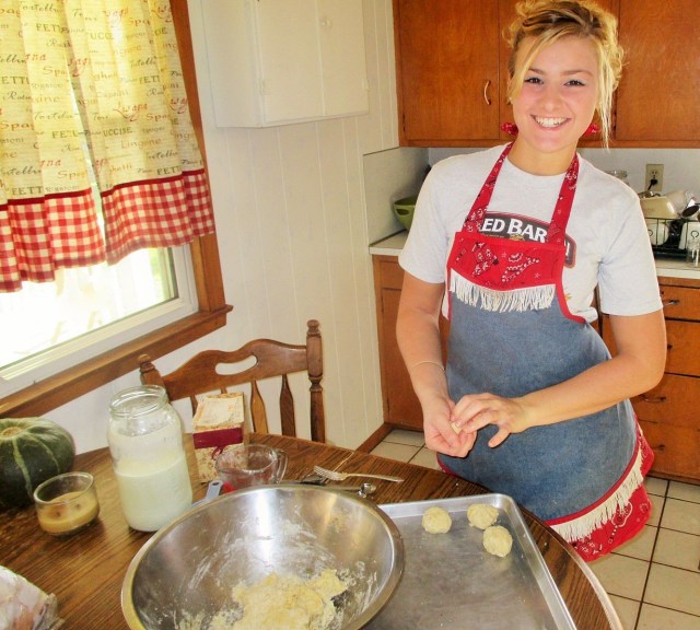 Maggie was so gracious to stay in the kitchen preparing a yummy meal of biscuits and sausage gravy with Apple Dapple cake.