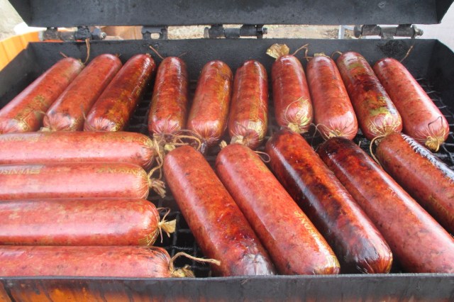 Pork and deer sausage being smoked!