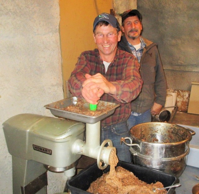 Rick Fonder, our Organic Valley Dairy farmer friend stopped over and helped grind some meat with Fred.