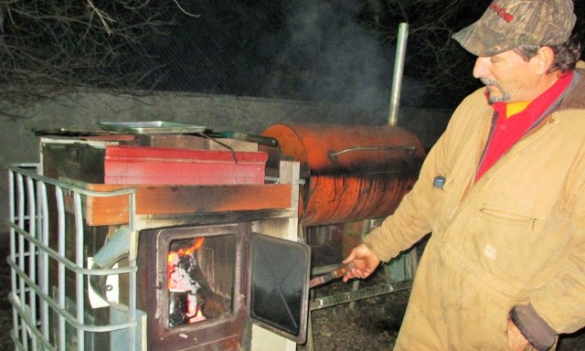 Fred was smoking the bacon late into the night after a long busy day on the farm. To him it is fun!!