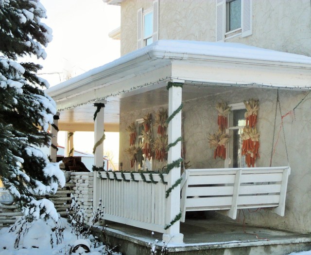 Pop corn on a winter porch.